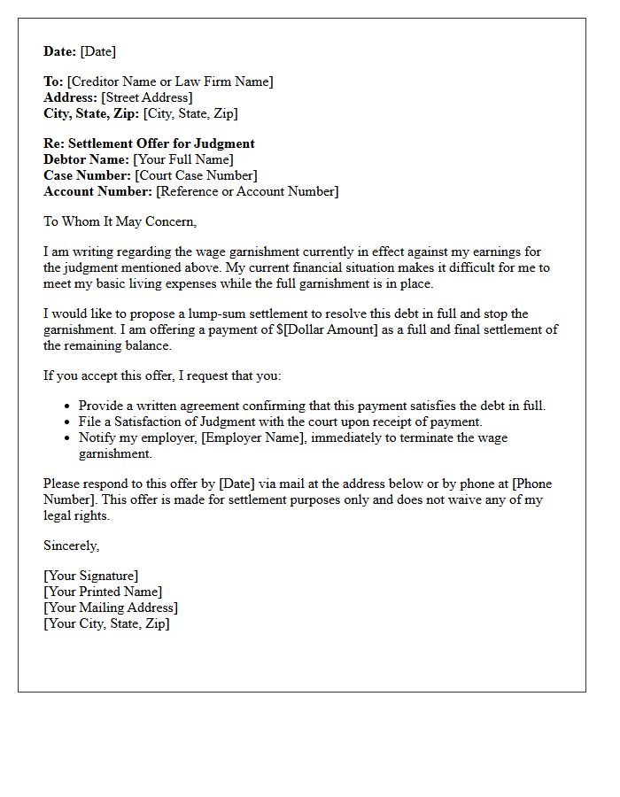 Post-Judgment Wage Garnishment Settlement Offer Letter