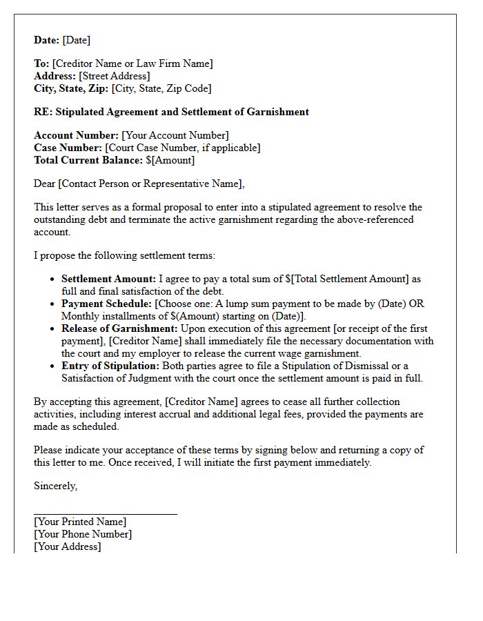 Stipulated Agreement and Garnishment Settlement Letter