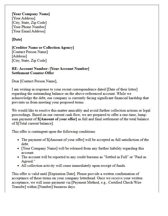 Counter-Offer Business Debt Settlement Letter