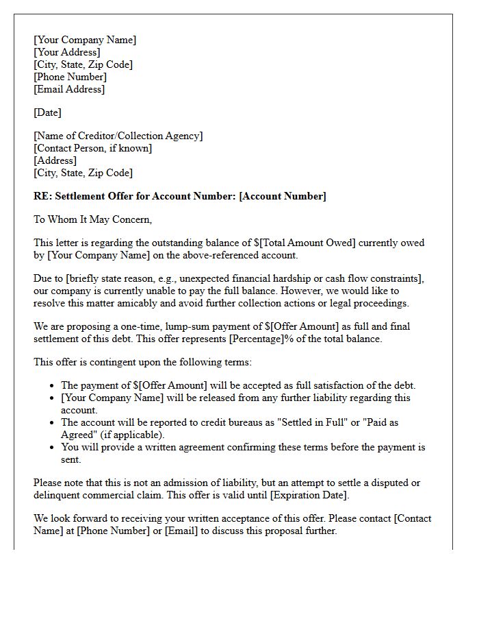 Initial Commercial Debt Settlement Offer Letter