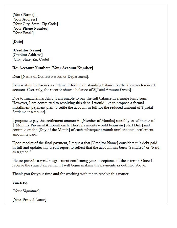 Installment Payment Plan Debt Settlement Letter