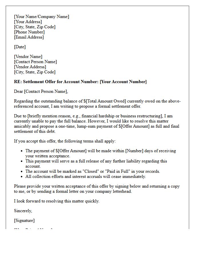 Vendor Account Debt Settlement Offer Letter