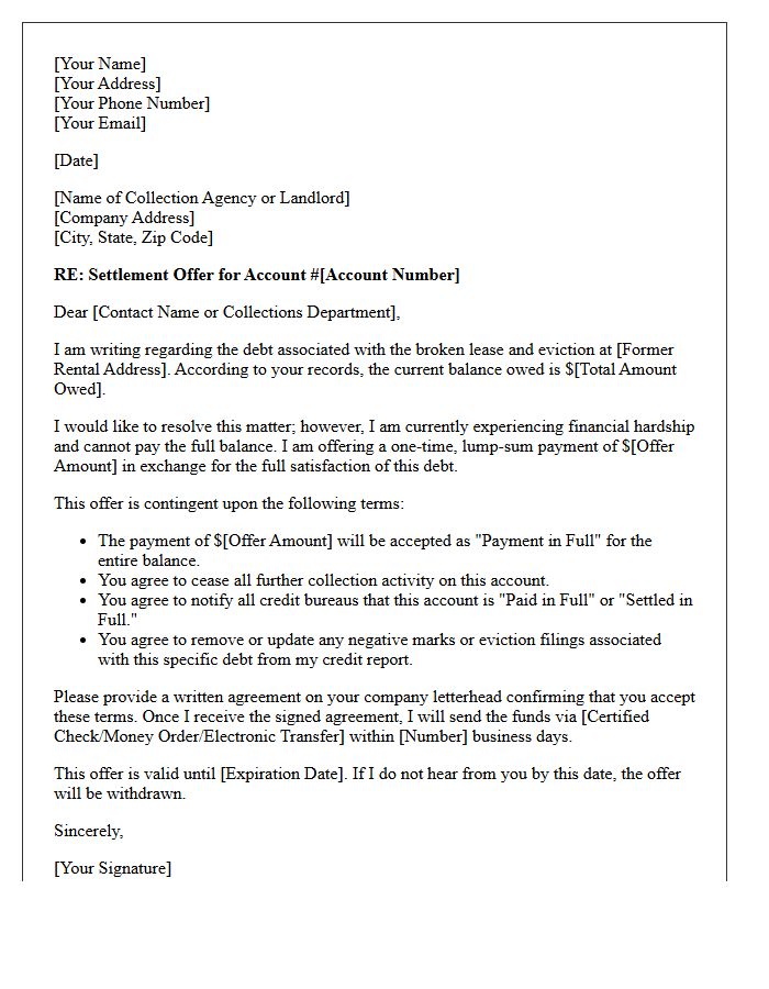 Broken Lease And Eviction Debt Settlement Offer Letter