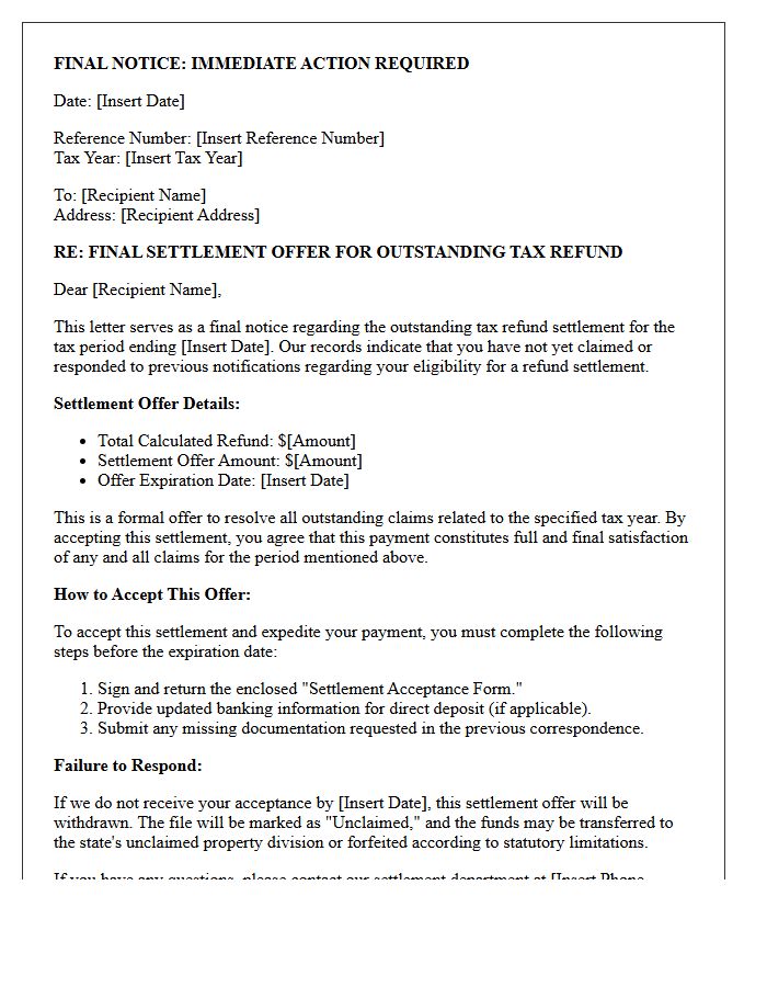 Final Notice Tax Refund Settlement Offer Letter