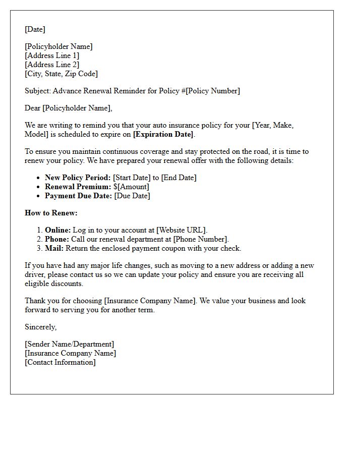 Auto Insurance Advance Renewal Reminder Letter