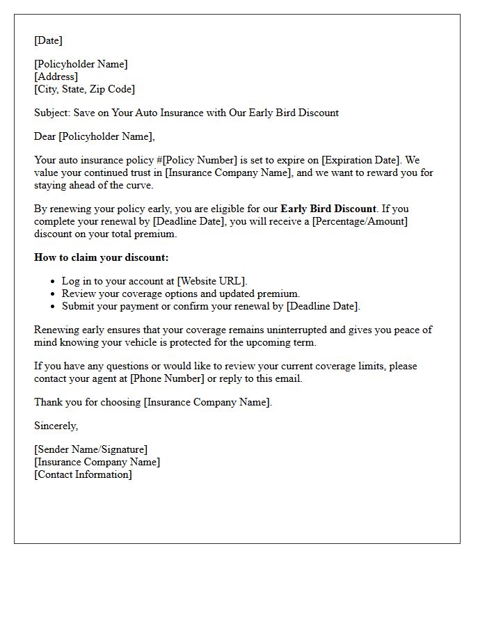 Early Bird Auto Policy Renewal Discount Letter