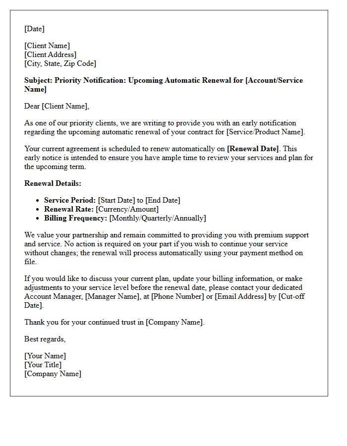 Priority Client Early Auto Renewal Notification Letter