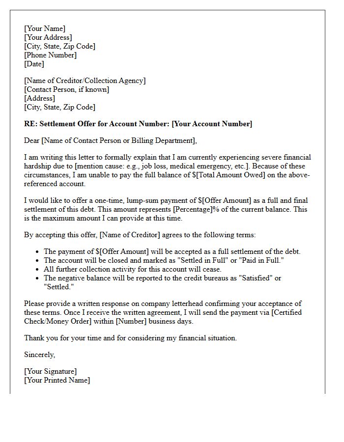 Financial Hardship Discounted Settlement Agreement Letter