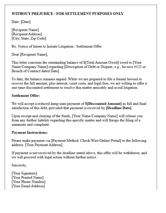 Pre-Litigation Discounted Settlement Offer Letter