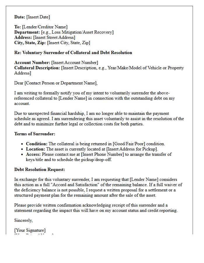 Debt Resolution and Voluntary Collateral Surrender Letter
