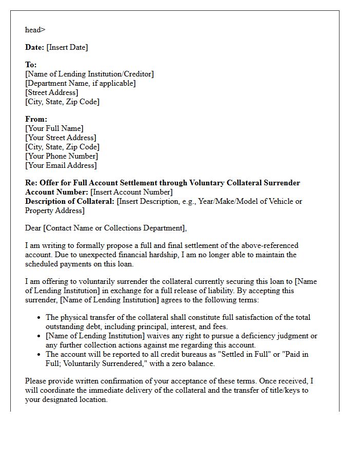 Full Account Settlement Through Collateral Surrender Letter