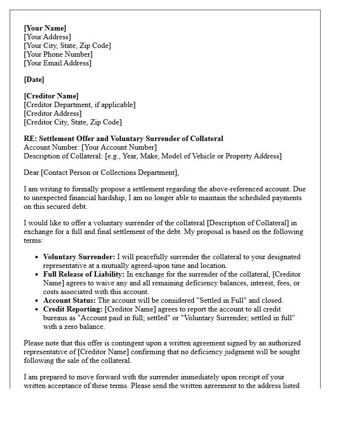 Secured Debt Collateral Surrender Settlement Offer Letter