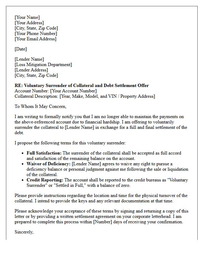 Voluntary Collateral Surrender and Debt Settlement Letter