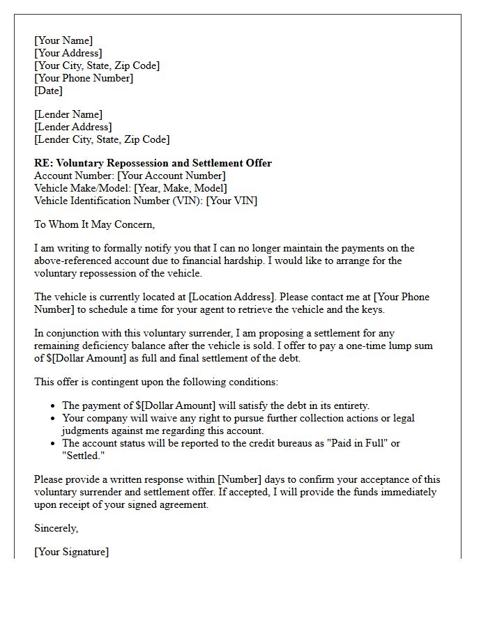 Voluntary Repossession and Balance Settlement Offer Letter
