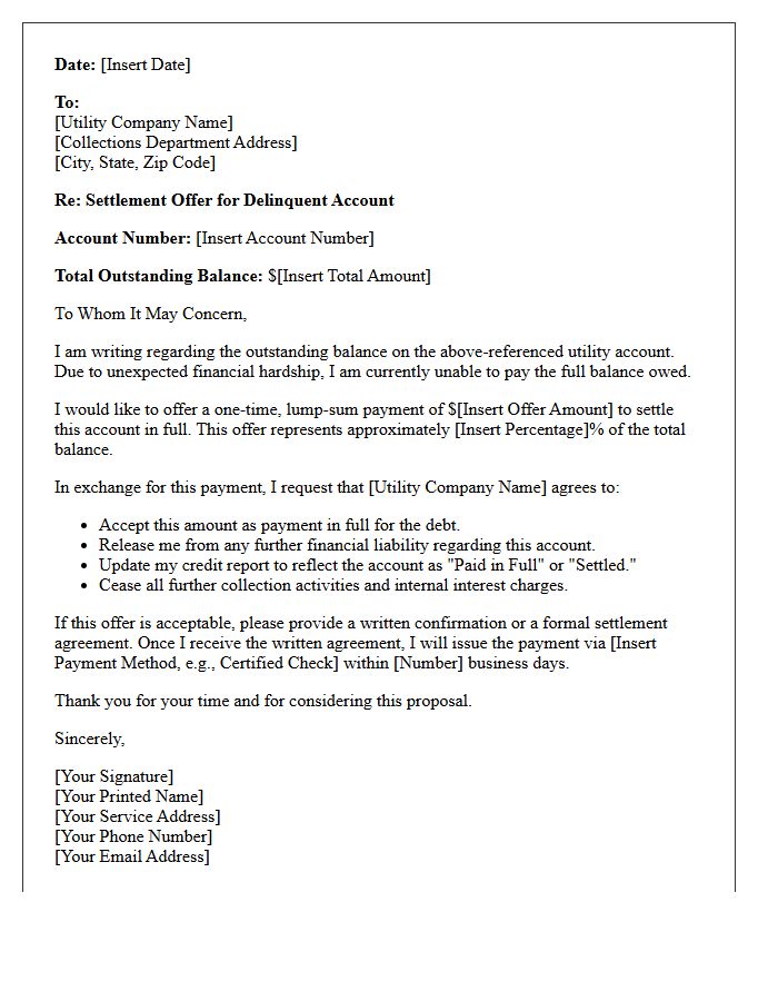 Delinquent Account Utility Bill Arrears Settlement Offer Letter