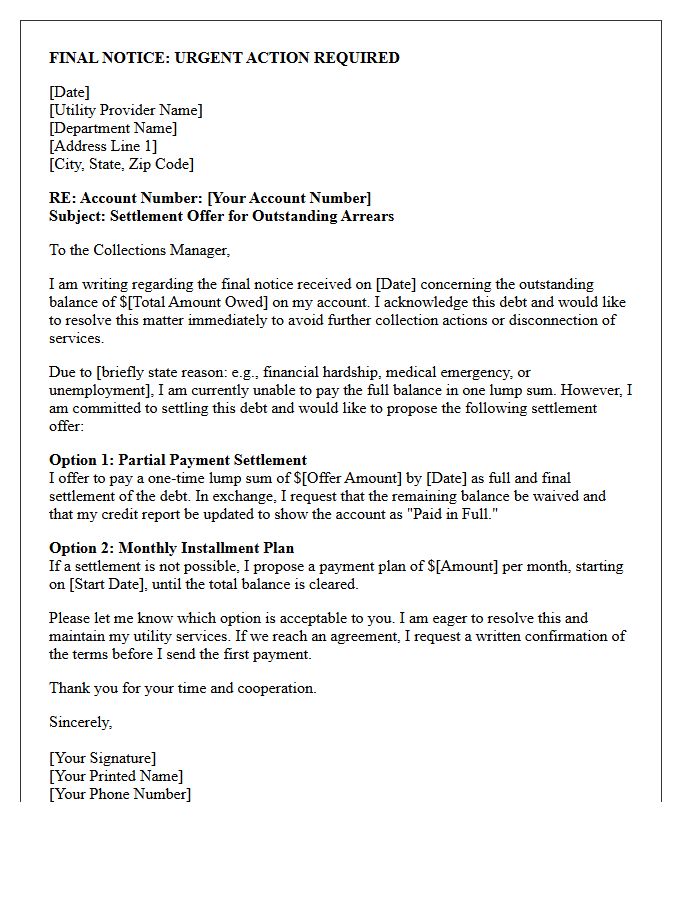 Final Notice Utility Bill Arrears Settlement Offer Letter