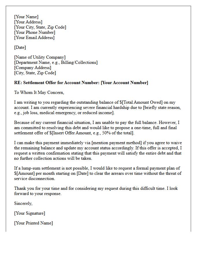 Financial Hardship Utility Bill Arrears Settlement Offer Letter