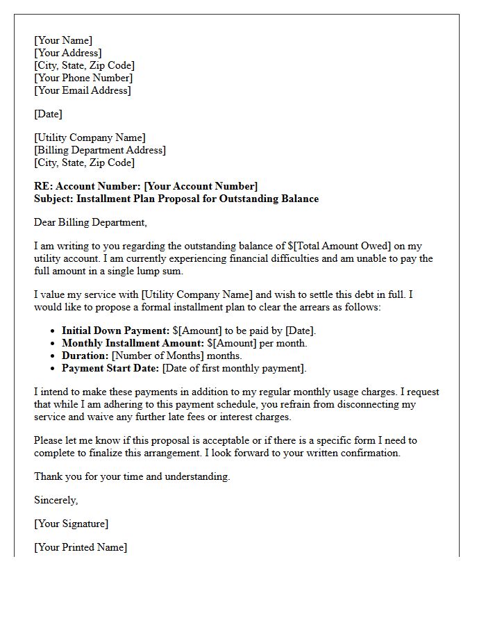 Installment Plan Utility Bill Arrears Settlement Offer Letter