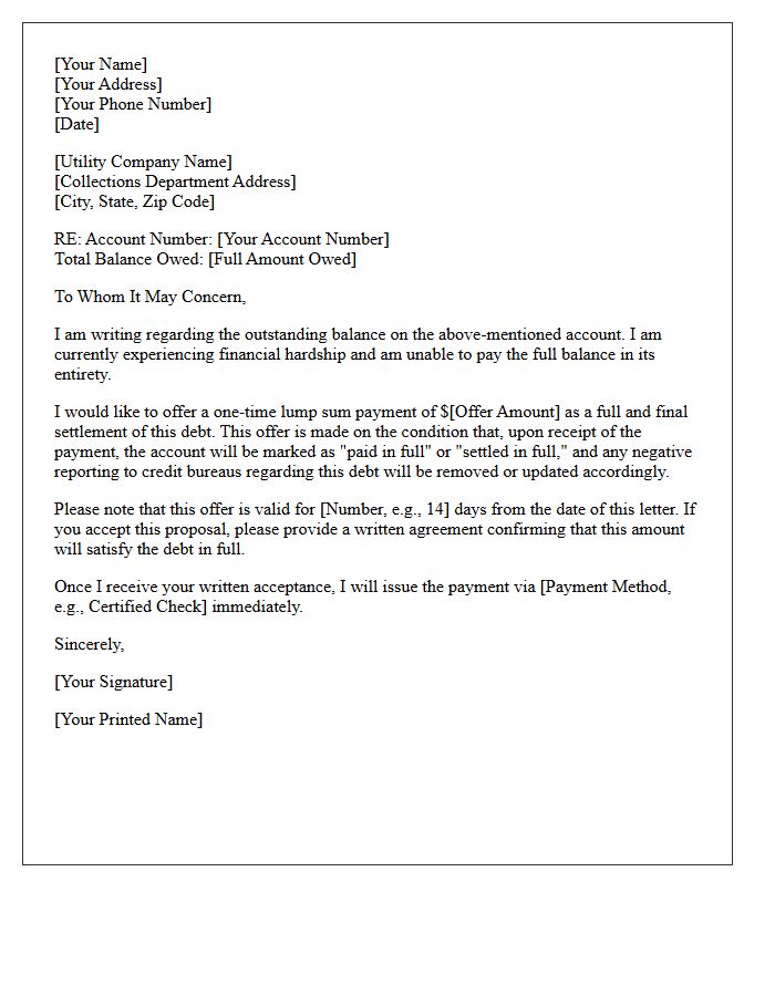 Lump Sum Utility Bill Arrears Settlement Offer Letter