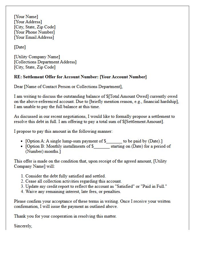 Negotiated Terms Utility Bill Arrears Settlement Offer Letter