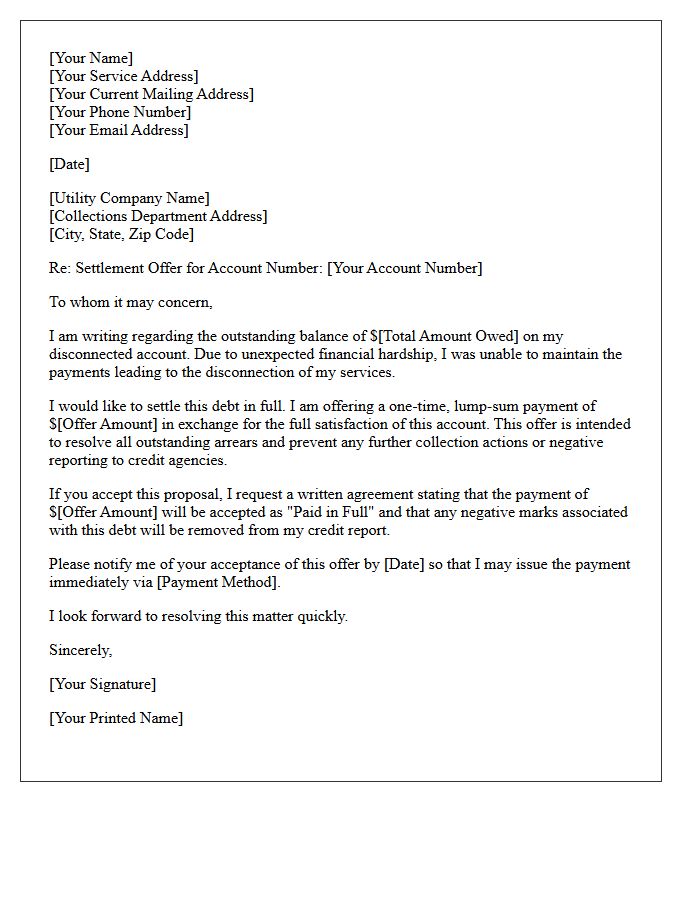 Post-Disconnection Utility Bill Arrears Settlement Offer Letter