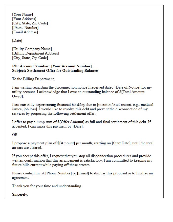 Pre-Disconnection Utility Bill Arrears Settlement Offer Letter
