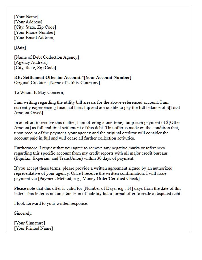 Third-Party Agency Utility Bill Arrears Settlement Offer Letter