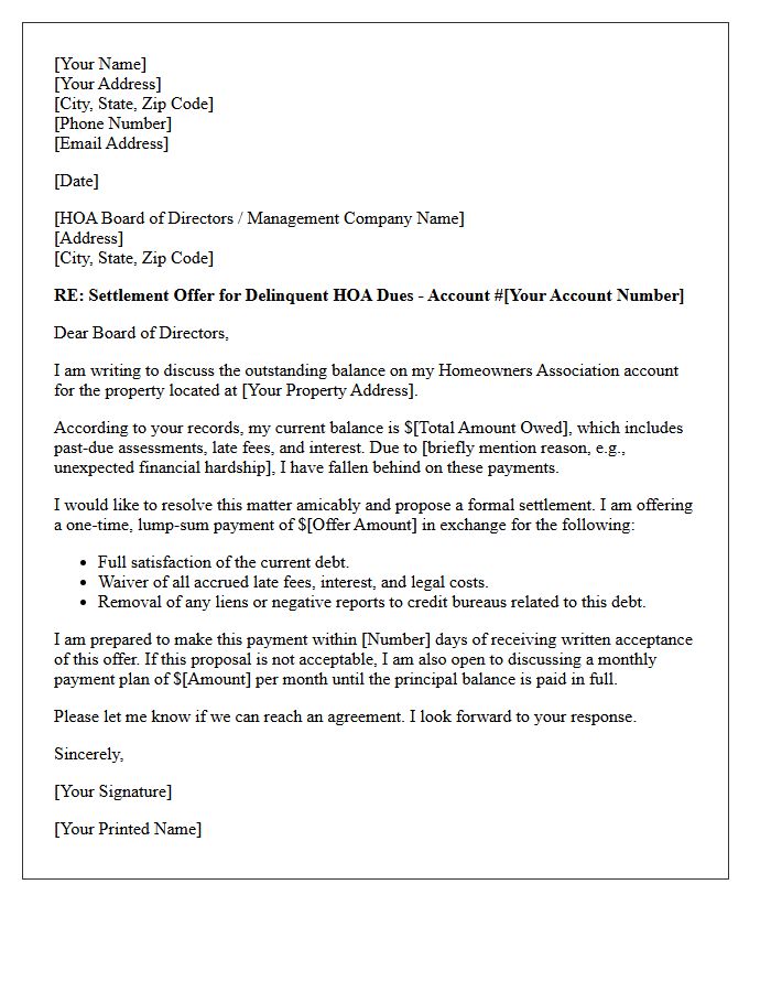 Delinquent Homeowner Association Dues Settlement Offer Letter
