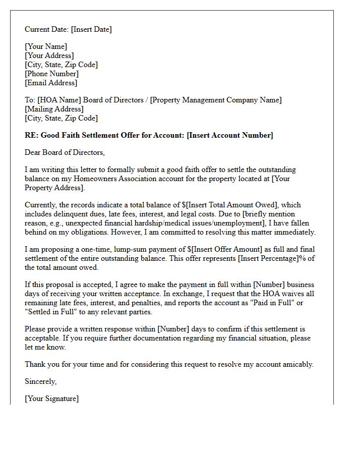 Good Faith Homeowner Association Dues Settlement Offer Letter