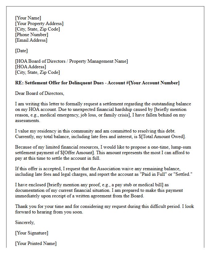 Hardship Homeowner Association Dues Settlement Offer Letter