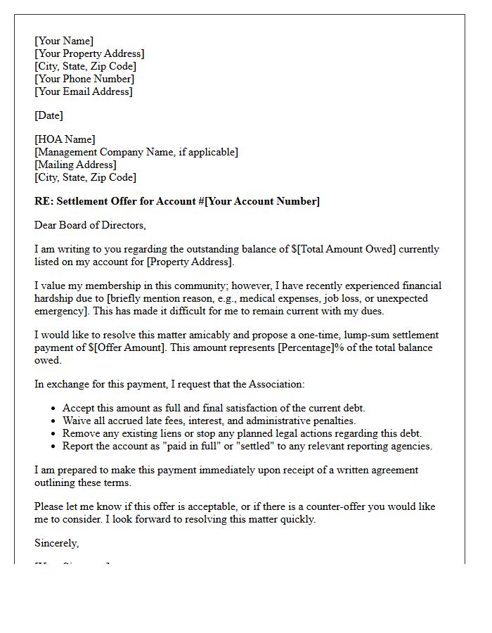 Initial Homeowner Association Dues Settlement Offer Letter