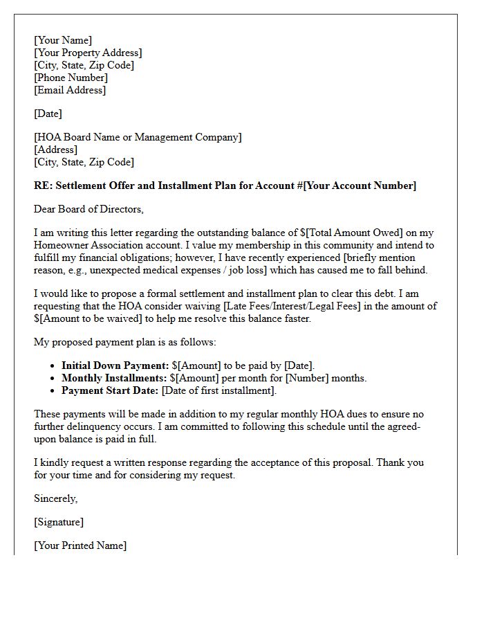 Installment Plan Homeowner Association Dues Settlement Offer Letter