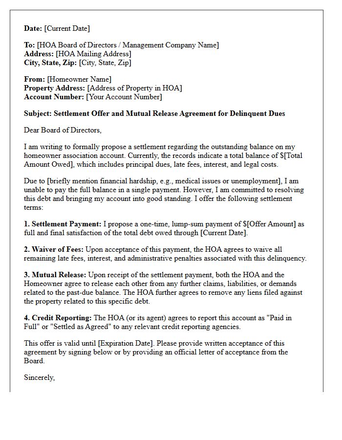 Mutual Agreement Homeowner Association Dues Settlement Offer Letter