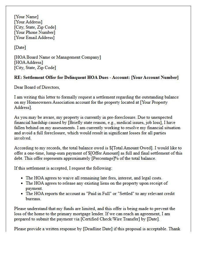Pre-Foreclosure Homeowner Association Dues Settlement Offer Letter