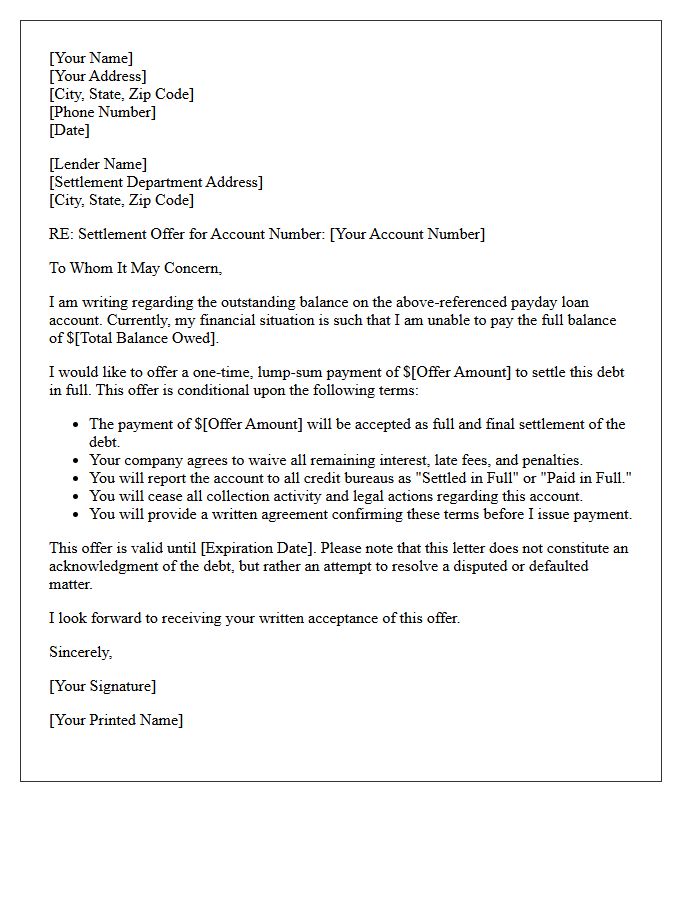 Conditional Payday Loan Default Settlement Offer Letter
