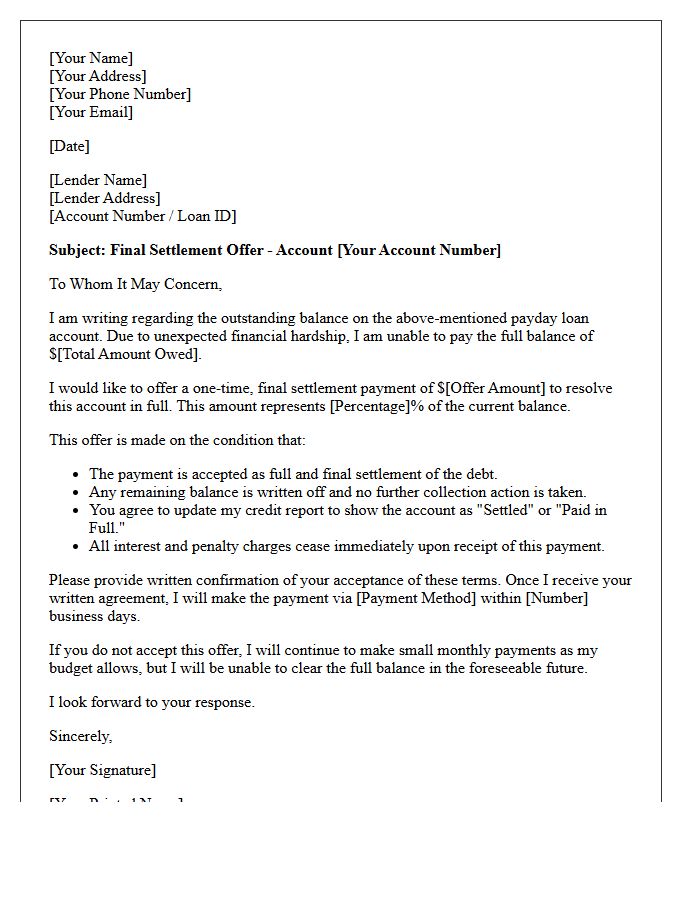 Final Payday Loan Default Settlement Offer Letter