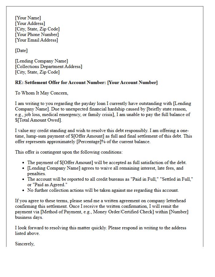Financial Hardship Payday Loan Default Settlement Offer Letter
