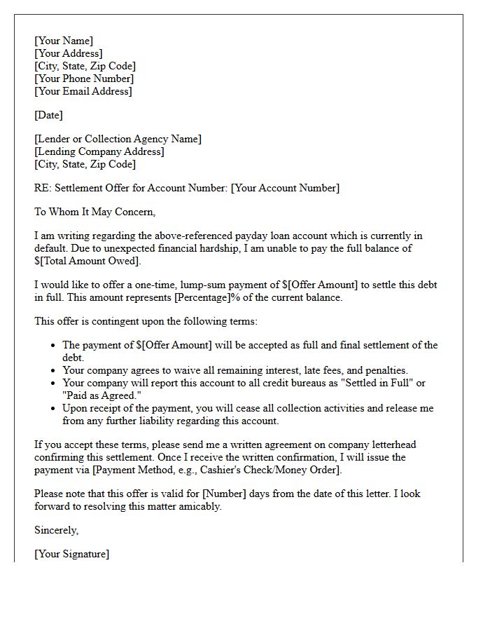 Initial Payday Loan Default Settlement Offer Letter