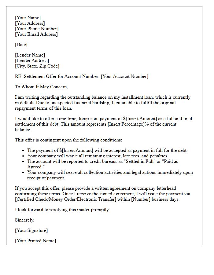 Installment Plan Payday Loan Default Settlement Offer Letter