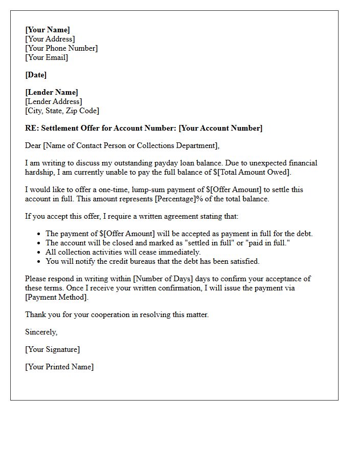 Lump Sum Payday Loan Default Settlement Offer Letter