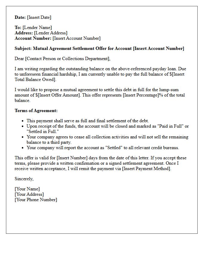 Mutual Agreement Payday Loan Default Settlement Offer Letter