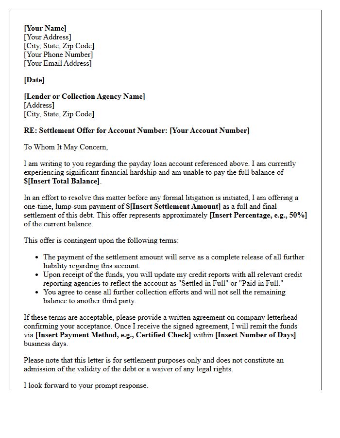 Pre-Litigation Payday Loan Default Settlement Offer Letter