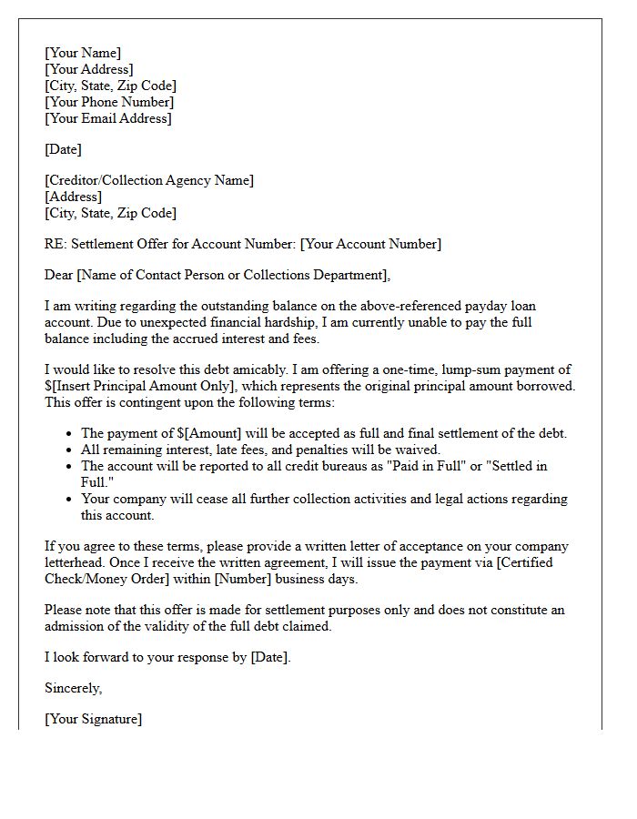 Principal Only Payday Loan Default Settlement Offer Letter