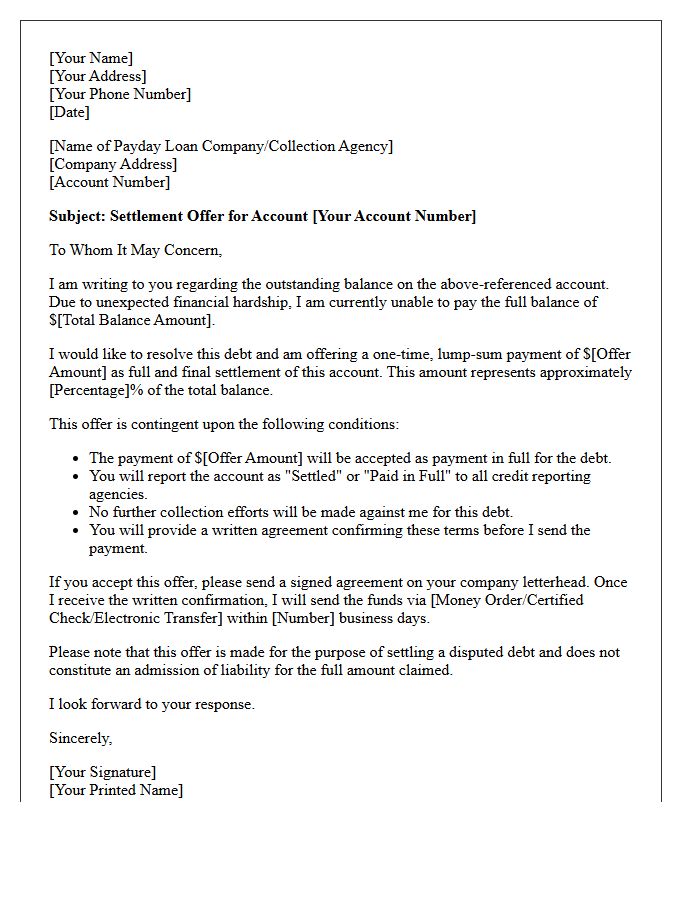 Reduced Balance Payday Loan Default Settlement Offer Letter
