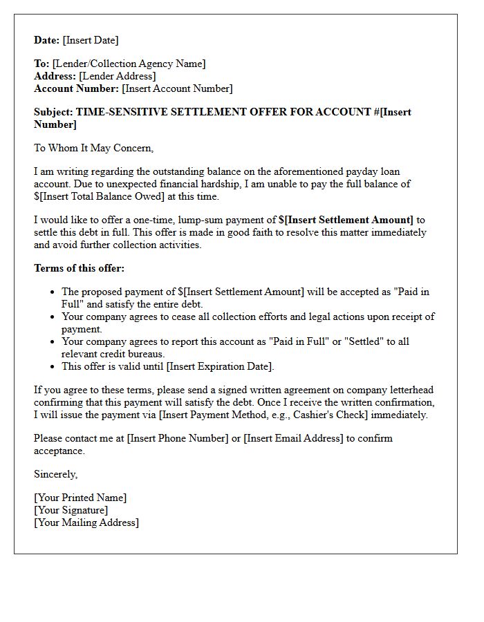 Time-Sensitive Payday Loan Default Settlement Offer Letter