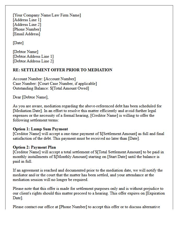 Creditor Initiated Mediation Settlement Offer Letter