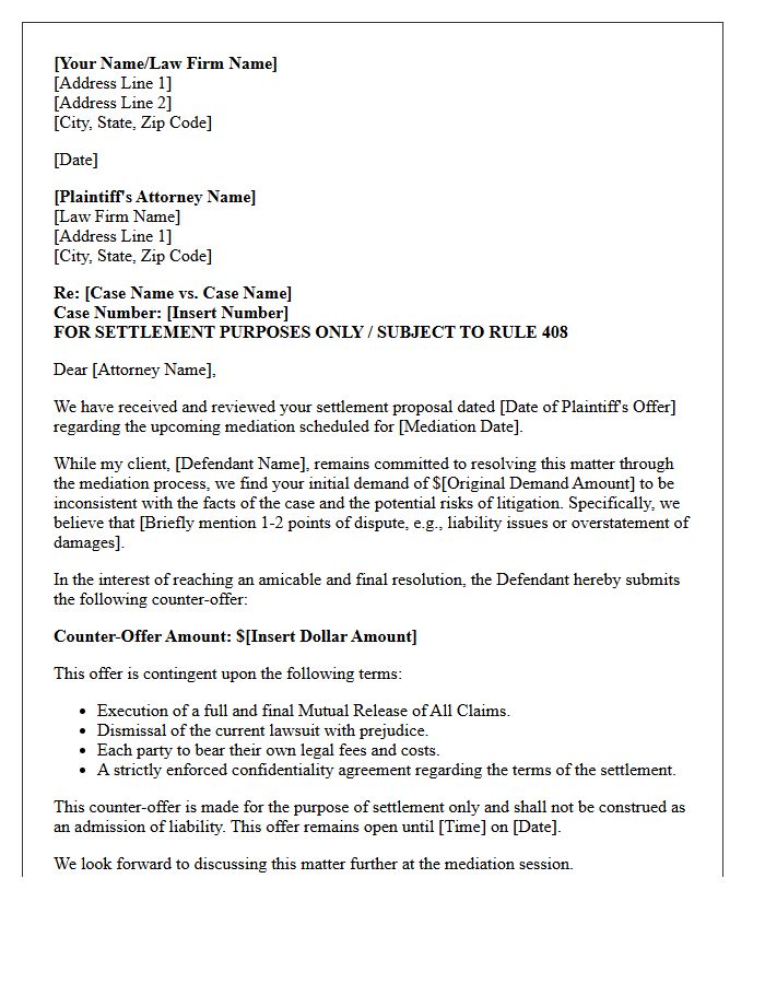 Defendant Counter Offer Mediation Settlement Letter