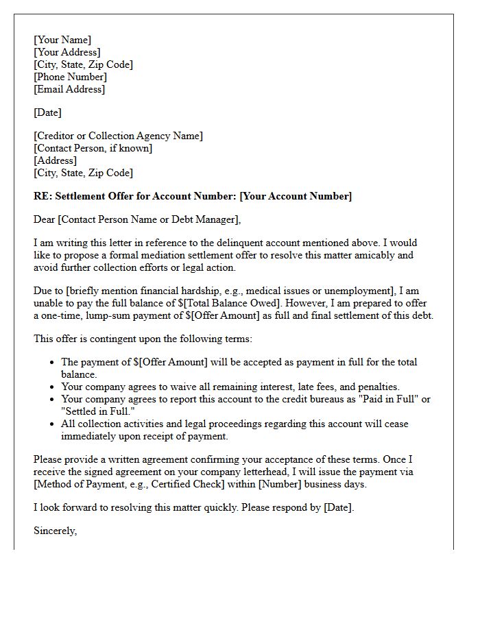 Delinquent Account Mediation Settlement Offer Letter