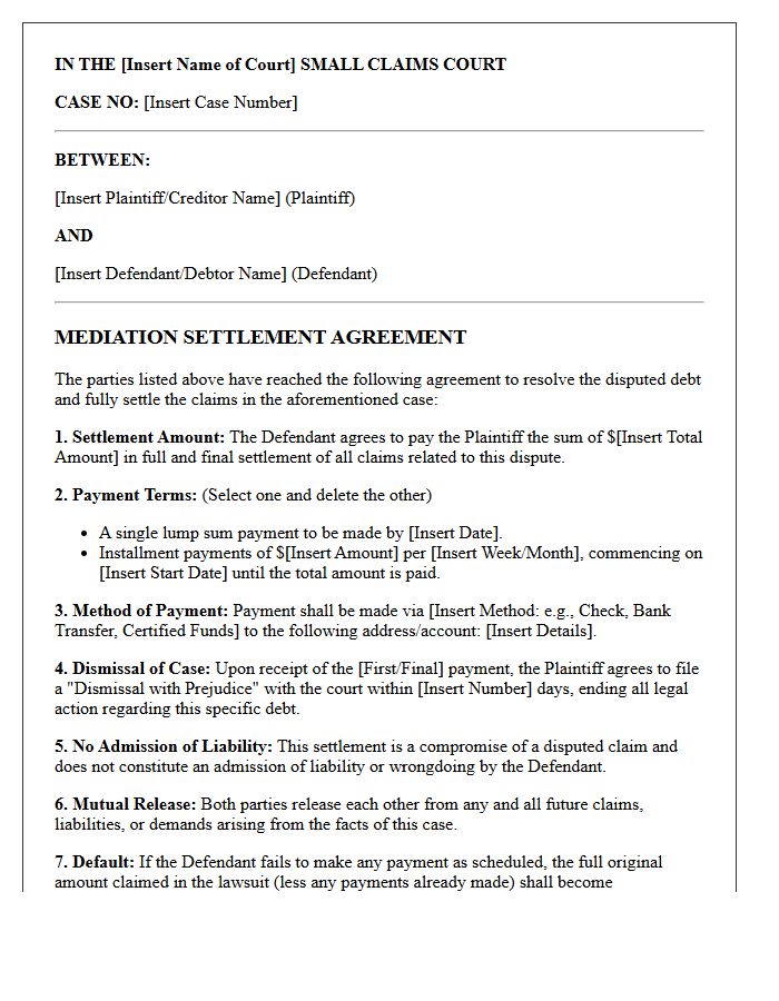 Disputed Debt Small Claims Mediation Settlement Letter