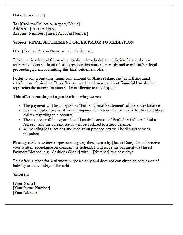 Final Debt Collection Mediation Settlement Offer Letter